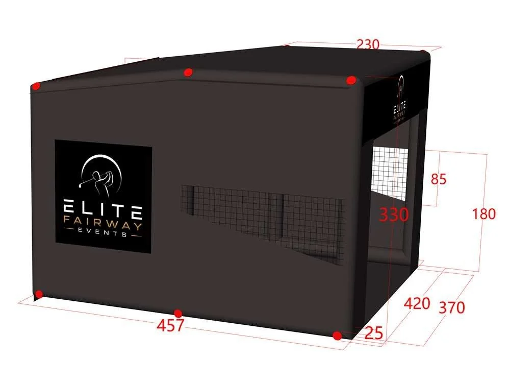 A black outdoor event booth with dimensions labeled in millimeters, featuring a logo for 'Elite Fairway Events' on the side, and panels with wire mesh and glass windows.