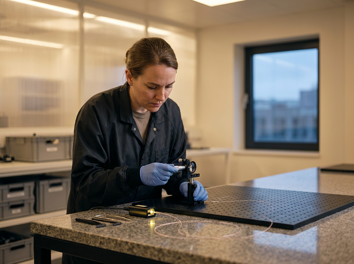 A woman in a black lab coat and gloves examining a small device with precision on a black perforated work surface in a laboratory setting.