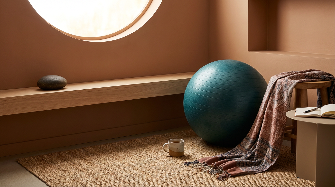 A cozy corner with a round window, a wooden shelf with a stone, a large teal exercise ball, a blanket draped over a chair, an open notebook with a pen, and a coffee mug on a textured rug.