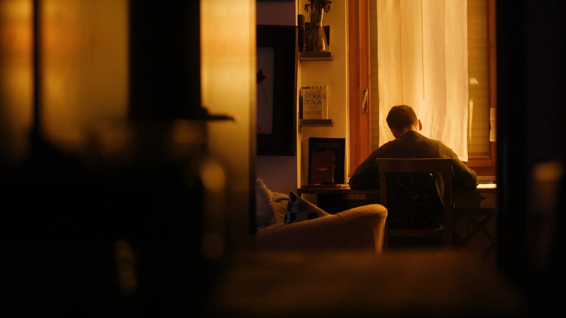 Person sitting at a desk in a warmly lit room, viewed through a window