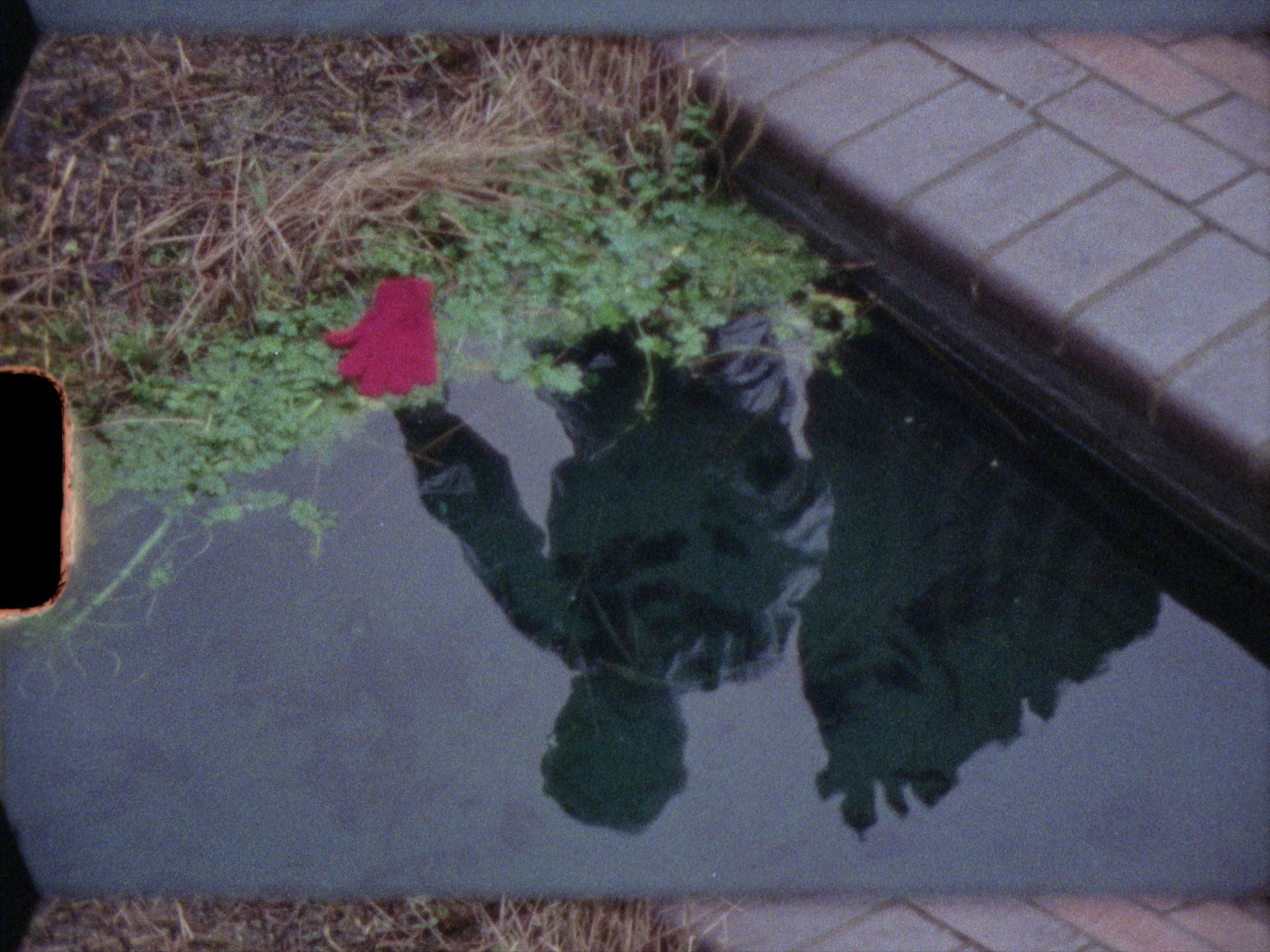 Astronaut reflection on pond, red glove