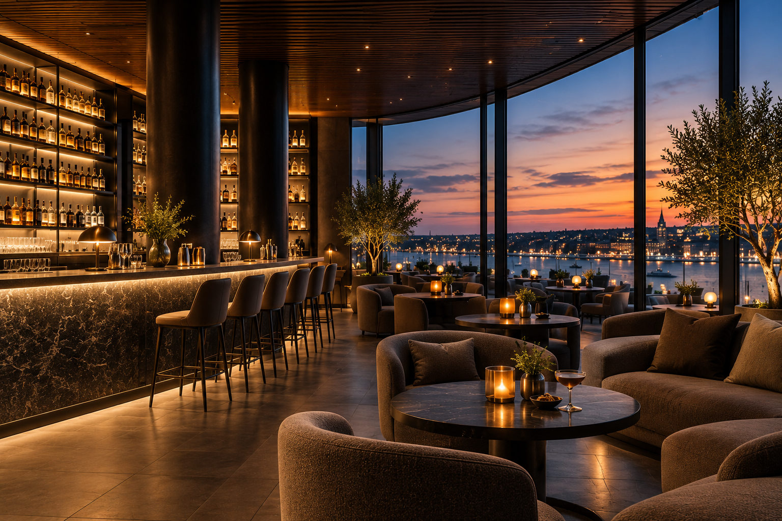 Interior of a modern bar and lounge with large floor-to-ceiling windows overlooking a river and cityscape at sunset, featuring a marble bar counter, bar stools, and cozy seating with candles and plants.