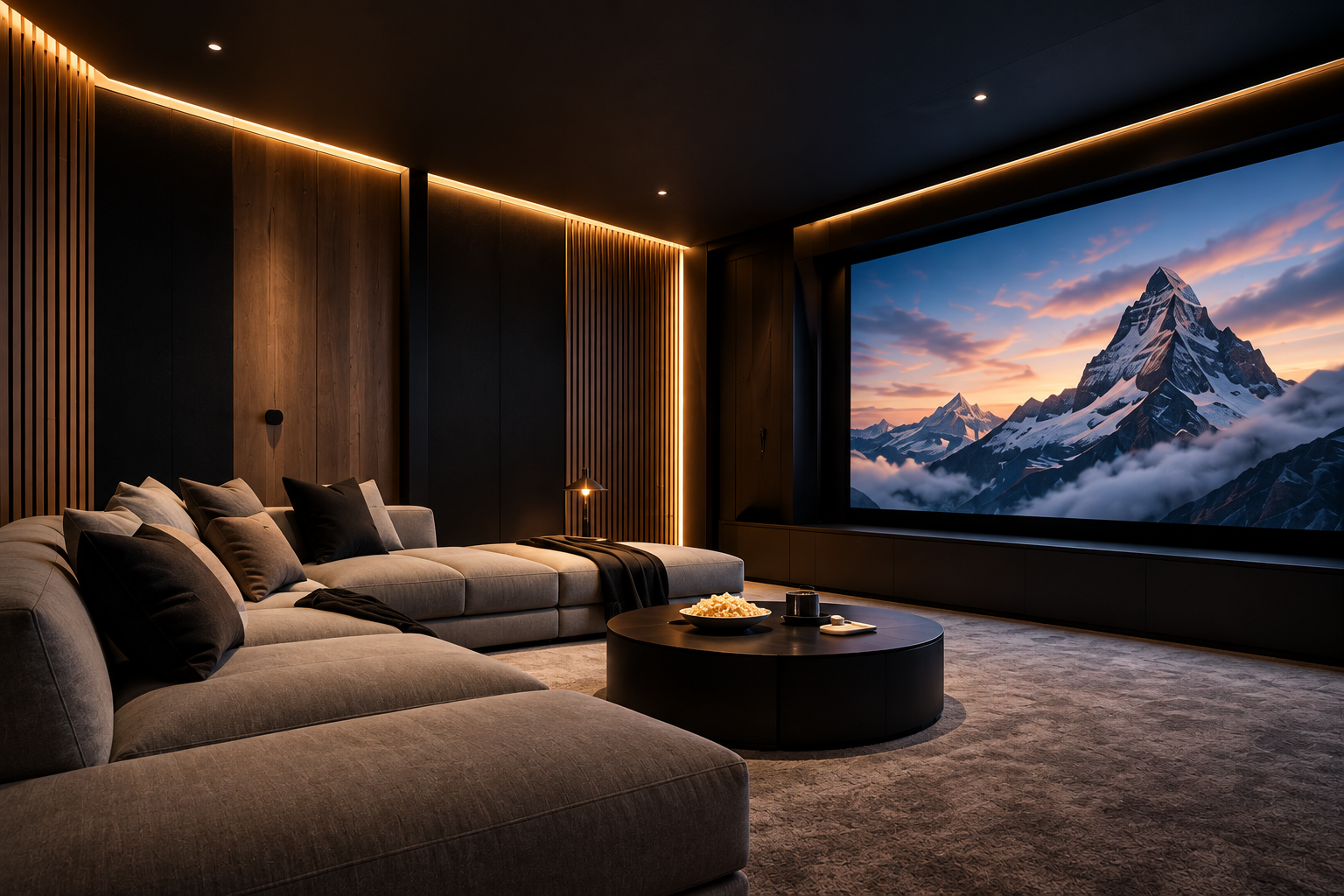 Modern living room with a large beige sectional sofa, black and beige pillows, a black coffee table with snacks, and a massive window showcasing a mountain landscape at sunset.