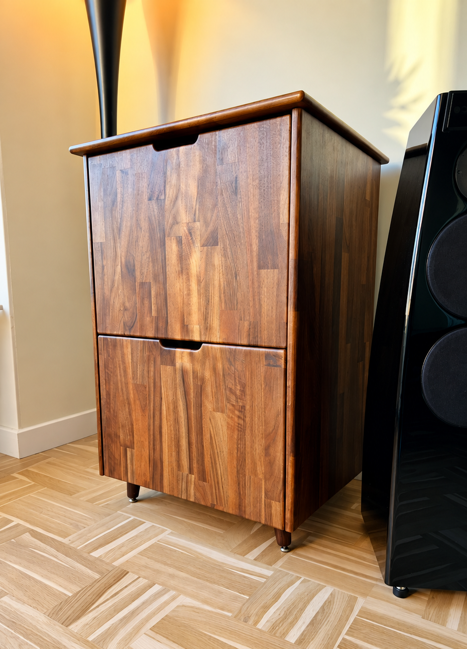 A wooden cabinet with two doors, standing on small legs on a wooden floor, positioned next to a black speaker