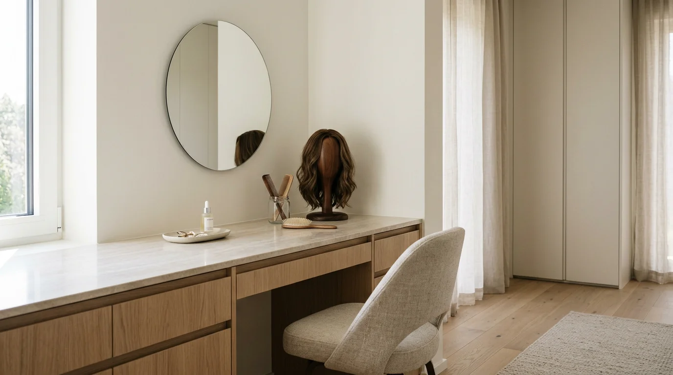 A beige vanity with a round mirror, a mannequin head with brown hair, and beauty tools on top, next to a beige upholstered chair in a bright room.