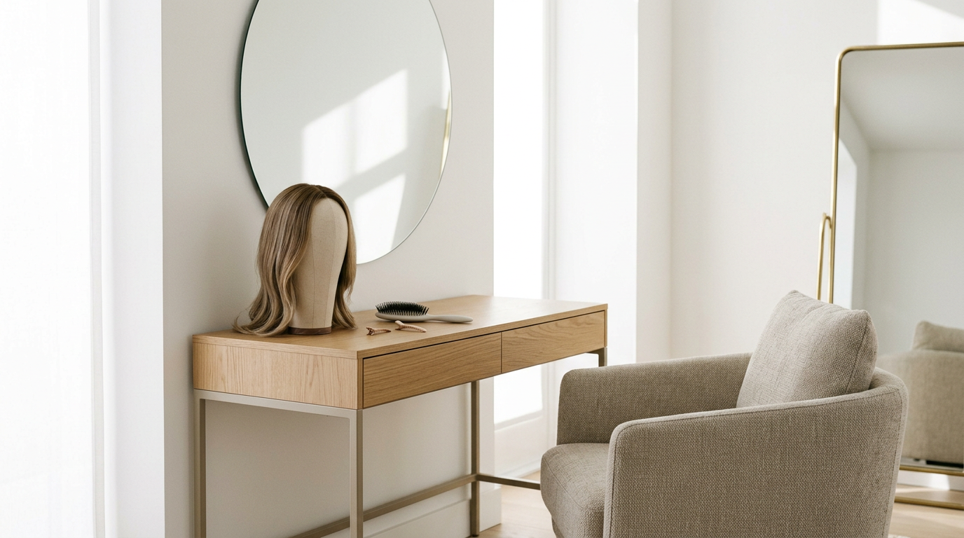 A beige armchair in a room with white walls, a wooden and white sideboard, a round mirror, a wig on a mannequin head, a brush, and hair clips on the sideboard, with sunlight coming through a window.