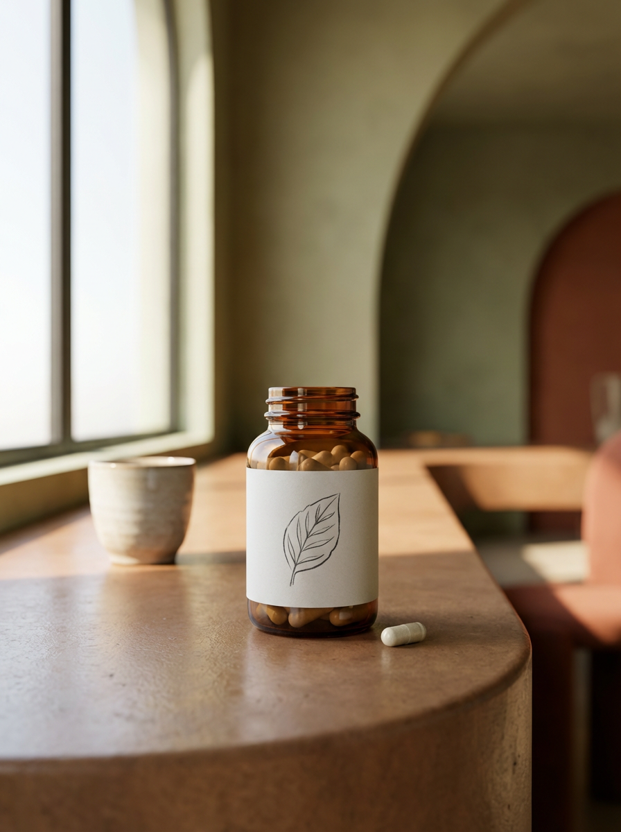 A bottle of dietary supplements with a leaf illustration on the label placed on a wooden table near a window, with a small white capsule lying in front of it and a ceramic cup in the background.