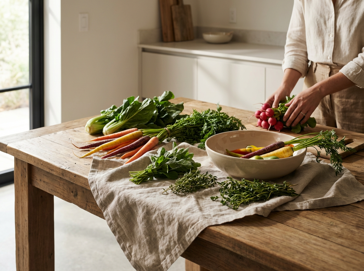 Person preparing freshly harvested vegetables on a wooden table in a bright kitchen, with carrots, radishes, and greens.