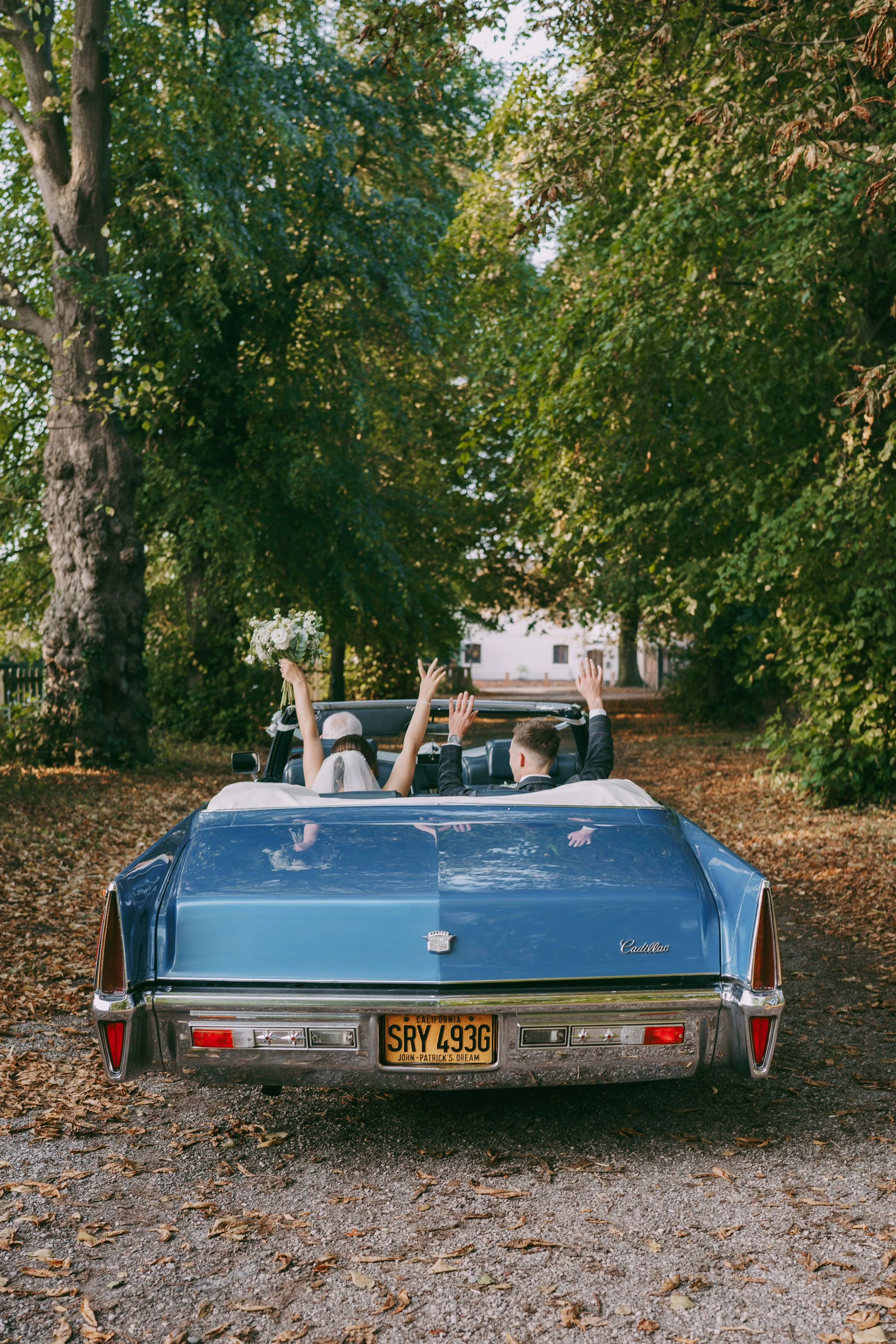 Back view of a blue Cadillac car with people celebrating in the backseat, raising their hands, in a tree-lined outdoor setting during fall.