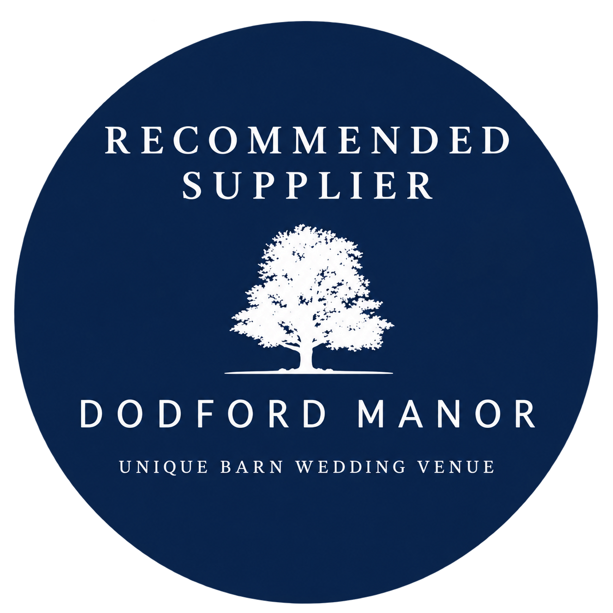 Blue circular badge with white text reading 'Recommended Supplier' above a tree icon, and 'Dodford Manor' below, with smaller text 'Unique Barn Wedding Venue' at the bottom.