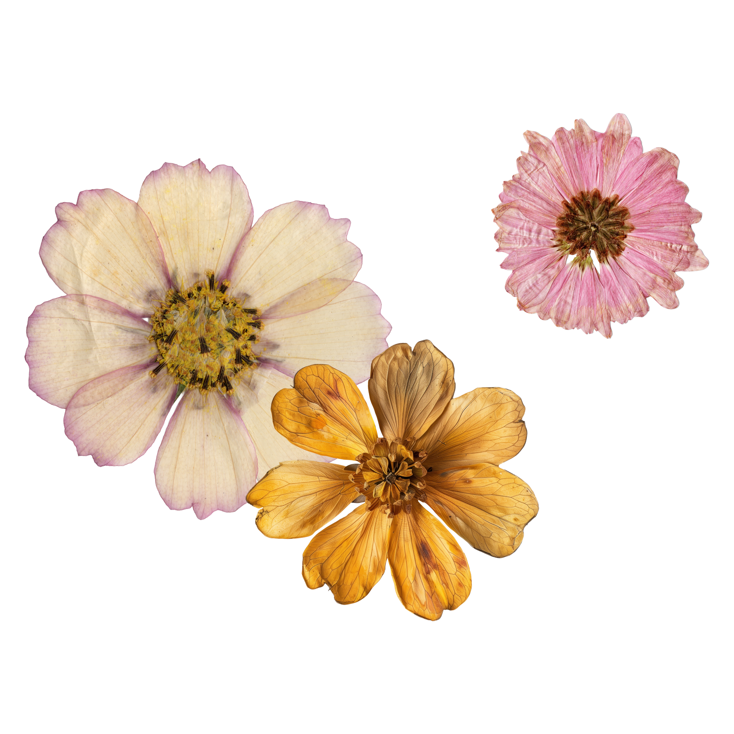 Two large flowers, one pale pink with darker pink edges and a yellow center, and one coral pink with a dark brown center, surrounded by dried leaves.