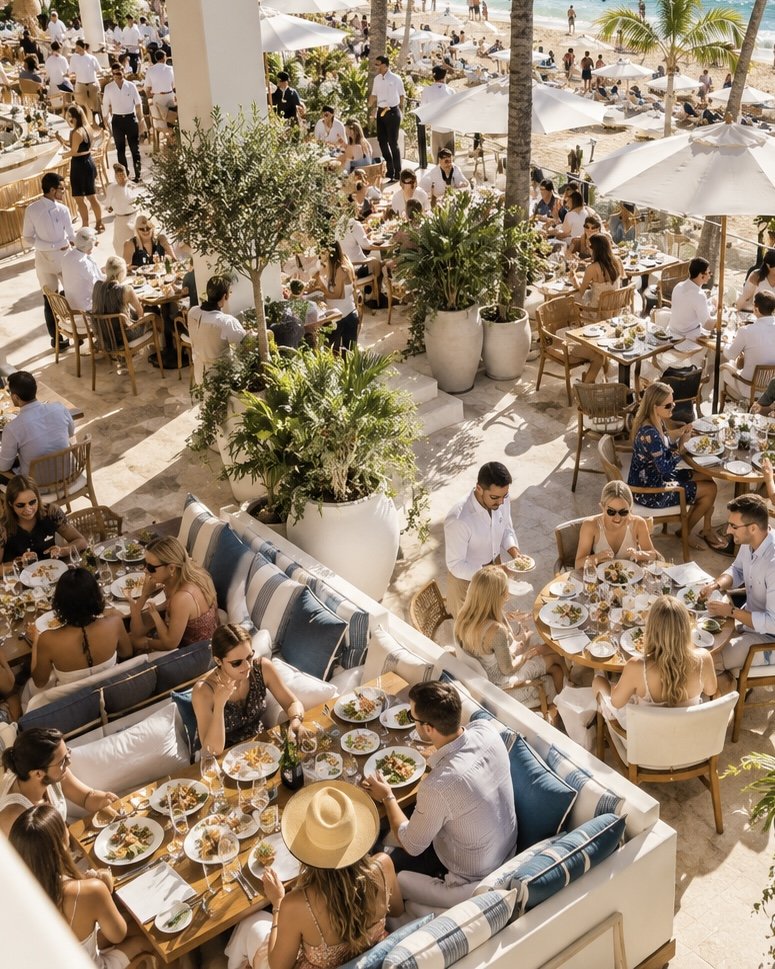 Outdoor busy beachside restaurant with people dining under umbrellas, lush greenery, and a view of the beach and ocean in the background.