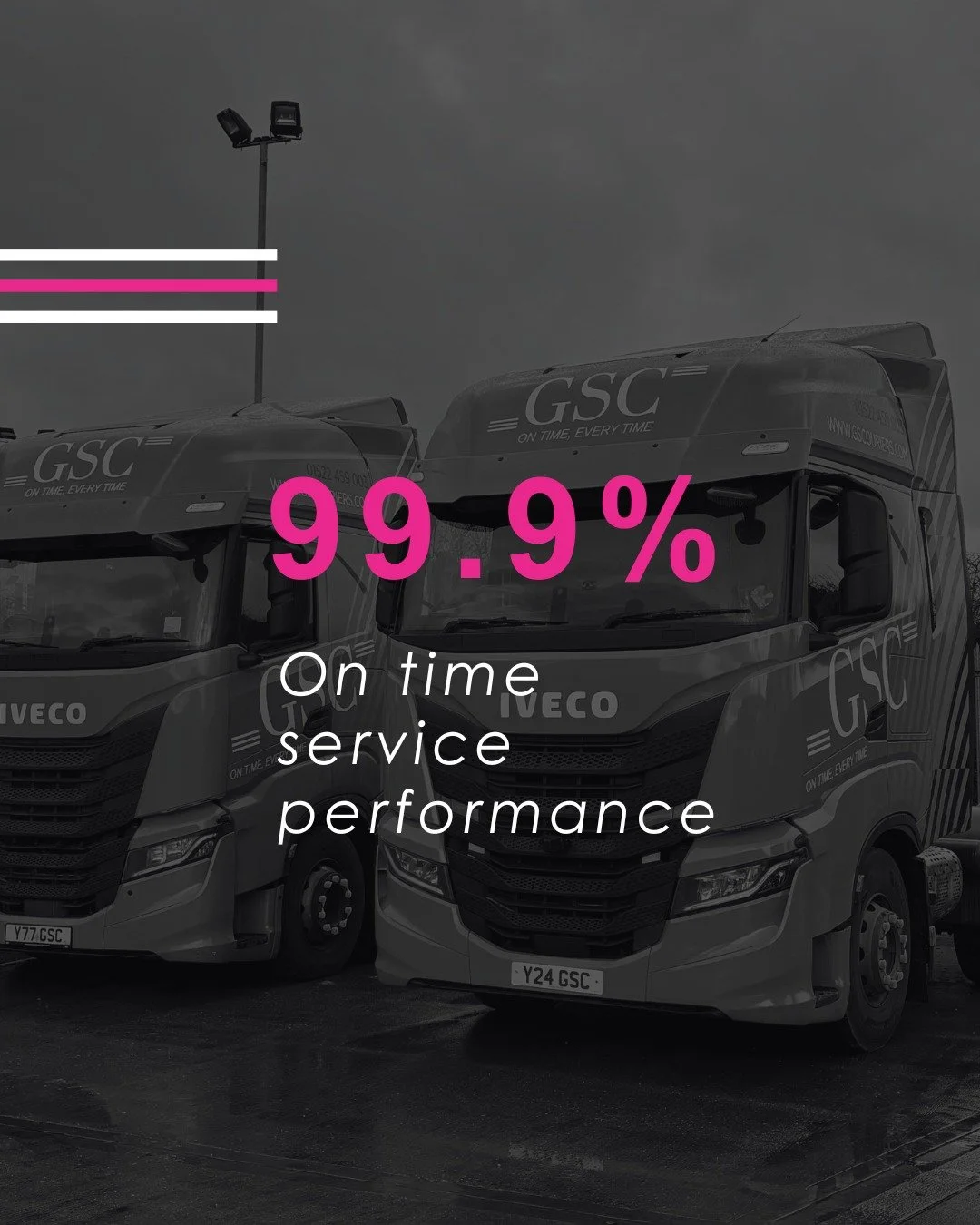 Reliability you can count on.

With a 99.9% on-time service performance, reliability is at the heart of what we do.

Because when our customers rely on us, every delivery matters.

On Time, Every Time.

#GSC #UKLogistics #ReliableDelivery #Logistics 