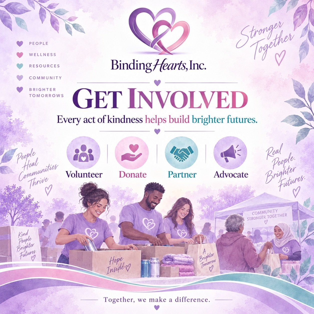 You don&rsquo;t have to change the entire world to change someone&rsquo;s world. 💜

There are so many ways to become part of the Binding Hearts mission:

🤝 Volunteer your time
💜 Donate to support community programs
🏢 Partner with us
📣 Advocate f