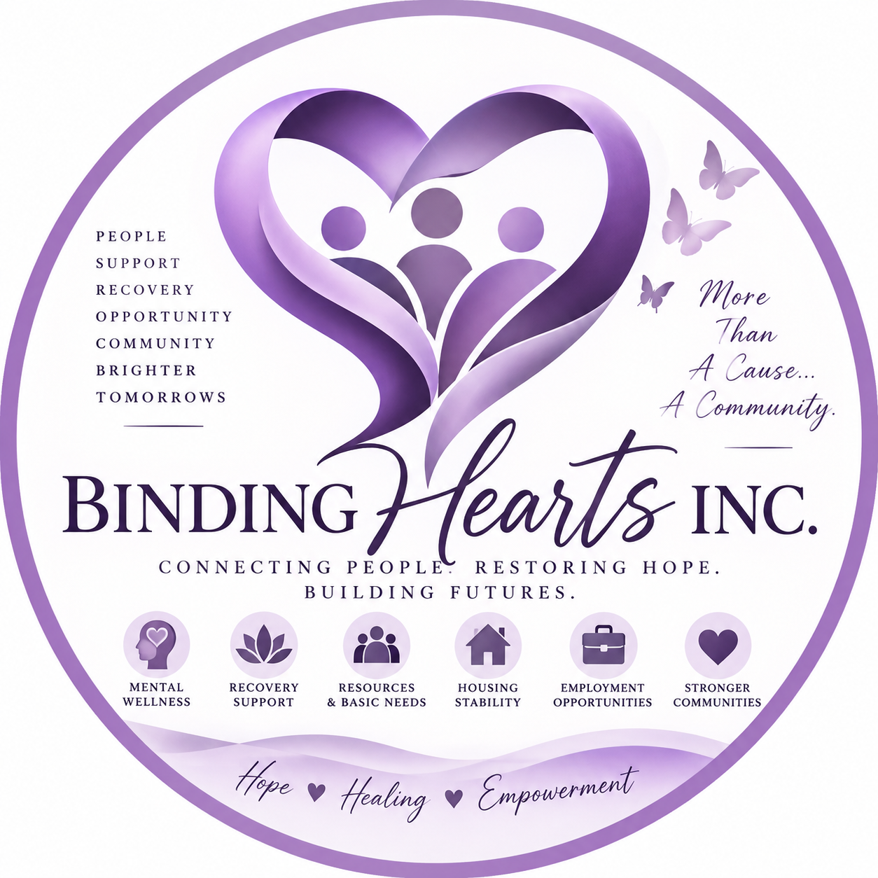 Purple logo for Binding Hearts Inc. featuring a heart-shaped graphic with three figures inside, surrounded by butterflies, with supportive text highlighting mental wellness, recovery support, resources, housing stability, employment, and community strength.