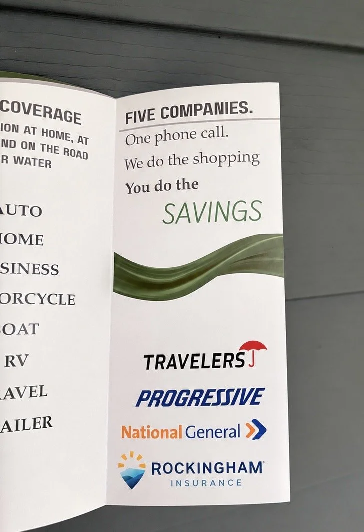 A brochure page listing five insurance companies: Travelers, Progressive, National General, Rockingham Insurance, along with slogans about savings and shopping.