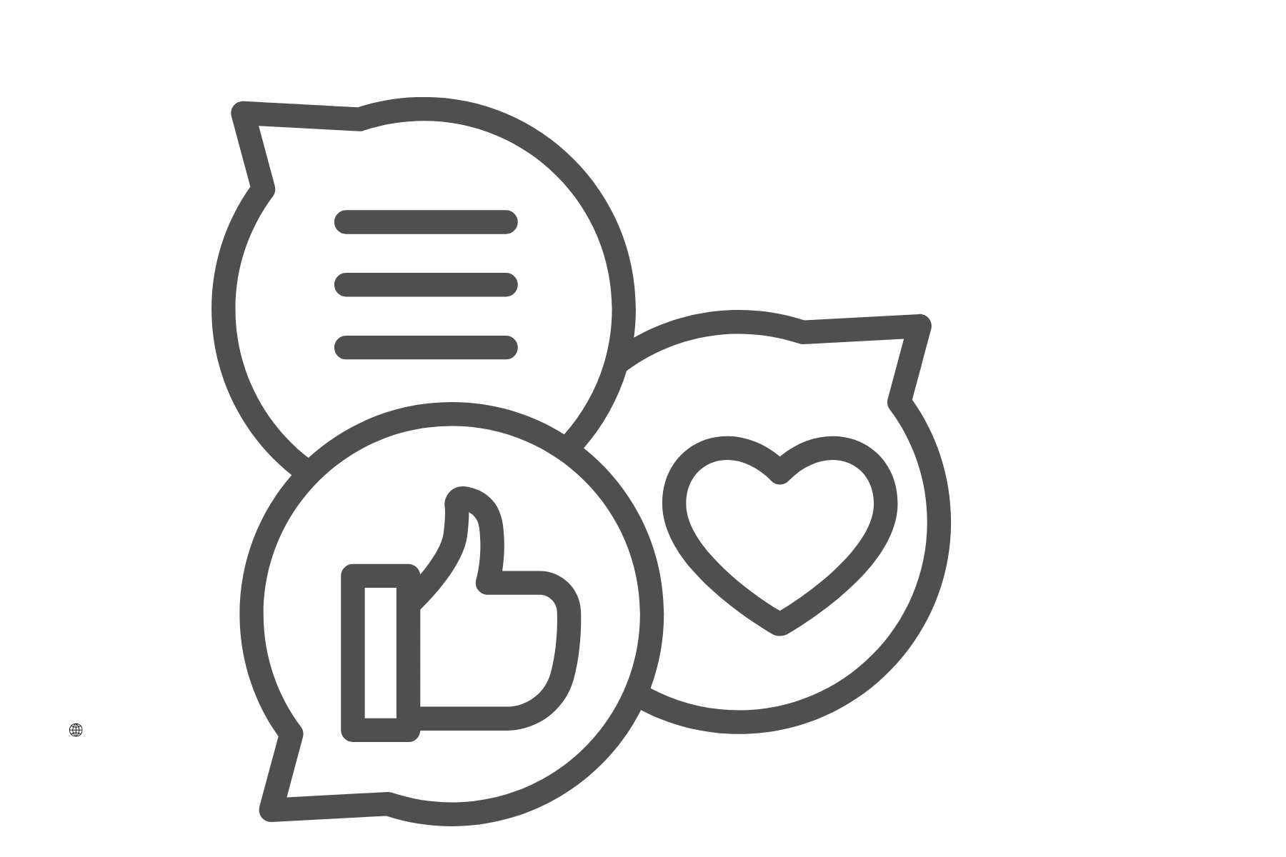 Line drawing of a person with a speech bubble containing a thumbs-up, a heart, a document, and a gear.