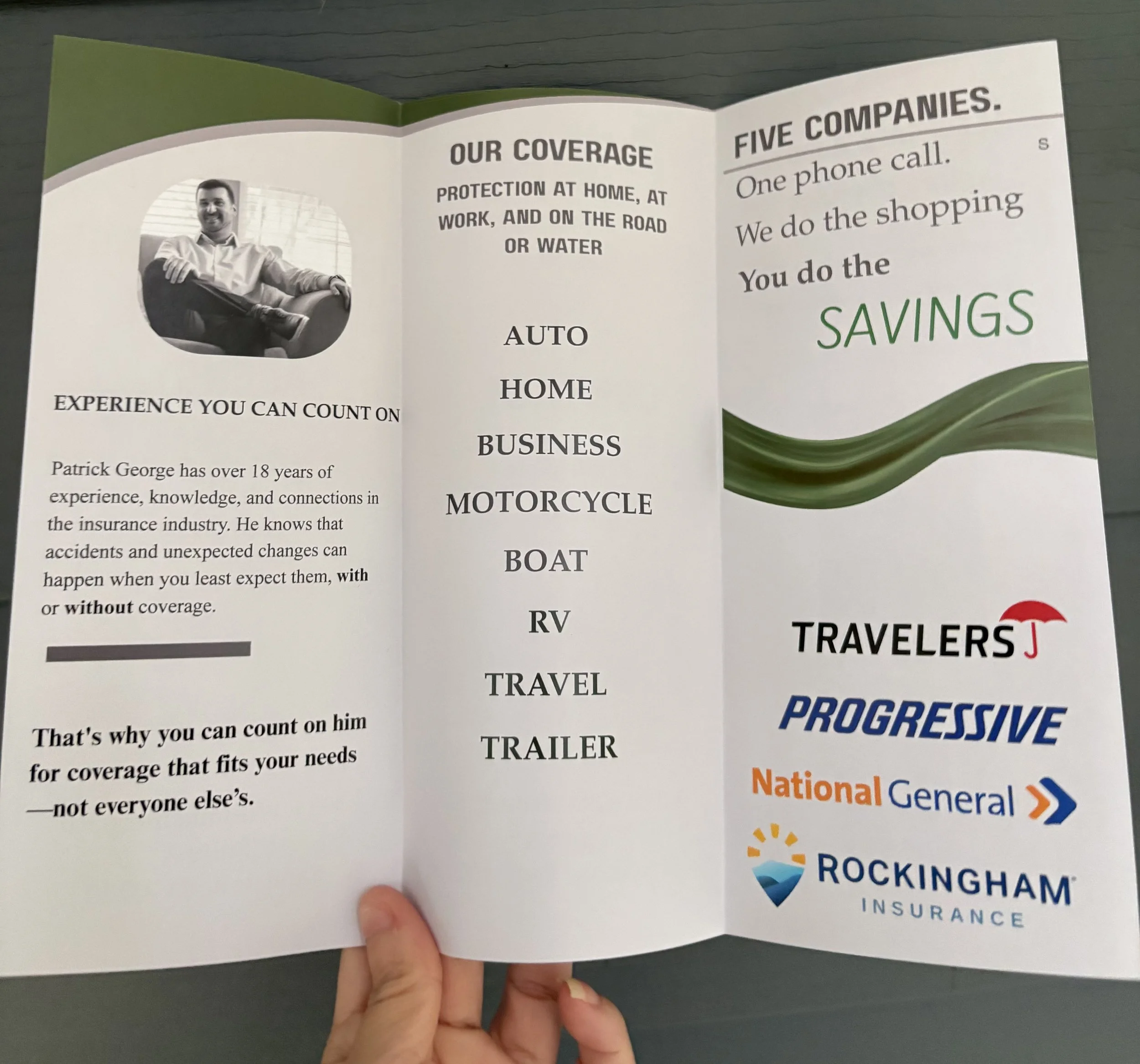 A brochure featuring insurance coverage details and logos of various insurance companies, including Progressive, Rockingham Insurance, and National General. The brochure has a black-and-white photo of a smiling man sitting in a chair, and the text discusses coverage options for auto, home, business, motorcycle, boat, RV, travel, and trailer insurance.