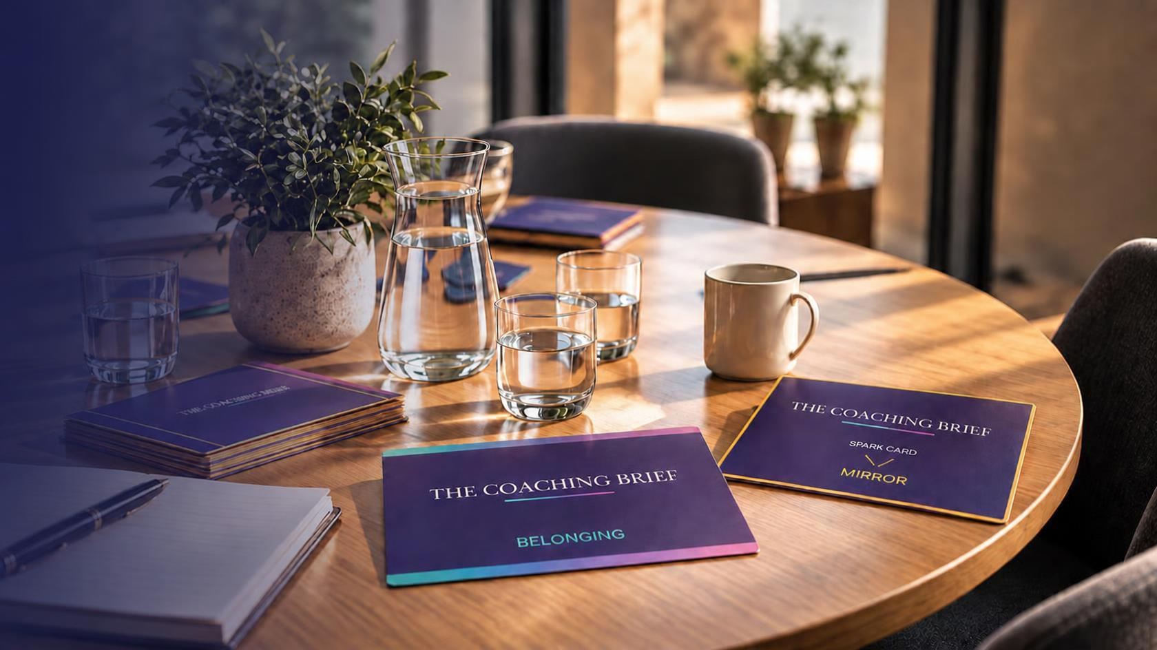 A round wooden meeting table set with several glasses of water, a white mug, a potted plant, and multiple copies of a booklet titled "The Coaching Brief" with sections labeled "Belonging" and "Mirror". There are also notebooks and pens on the table, with sunlight streaming through nearby windows.