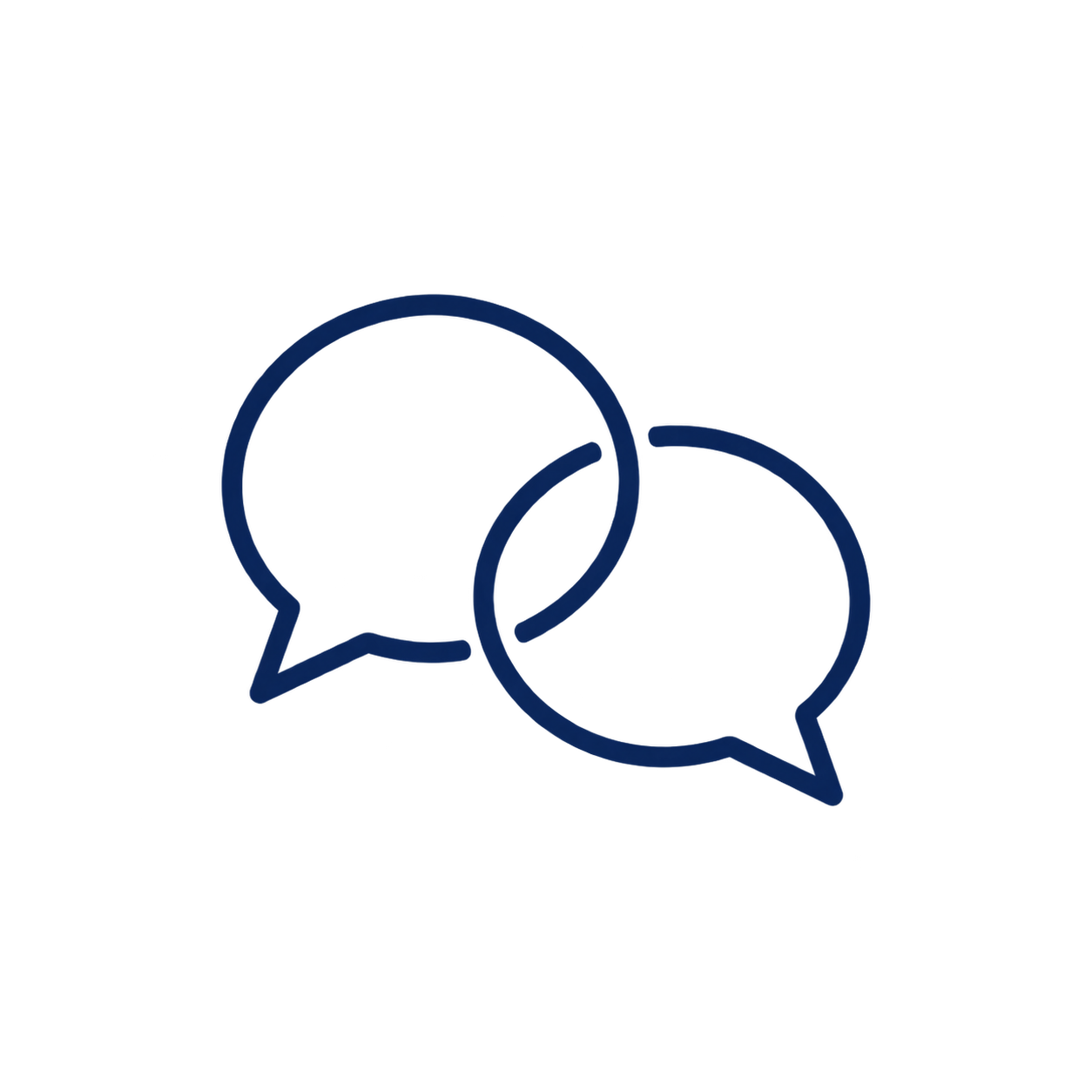Two overlapping speech bubbles in a dark blue outline, symbolizing conversation or communication.