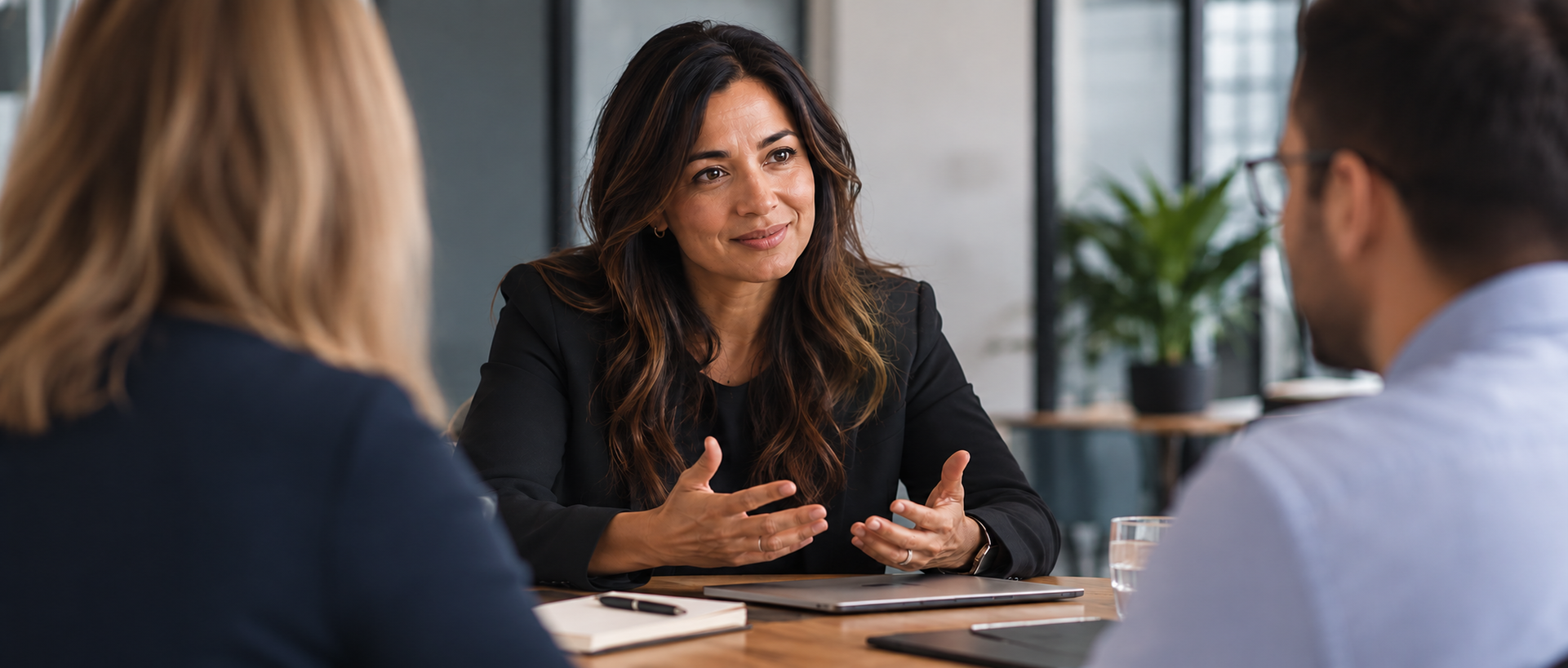 A woman is speaking and gesturing with her hands during a business meeting with two other people sitting across from her. The setting appears to be an office with a modern interior.