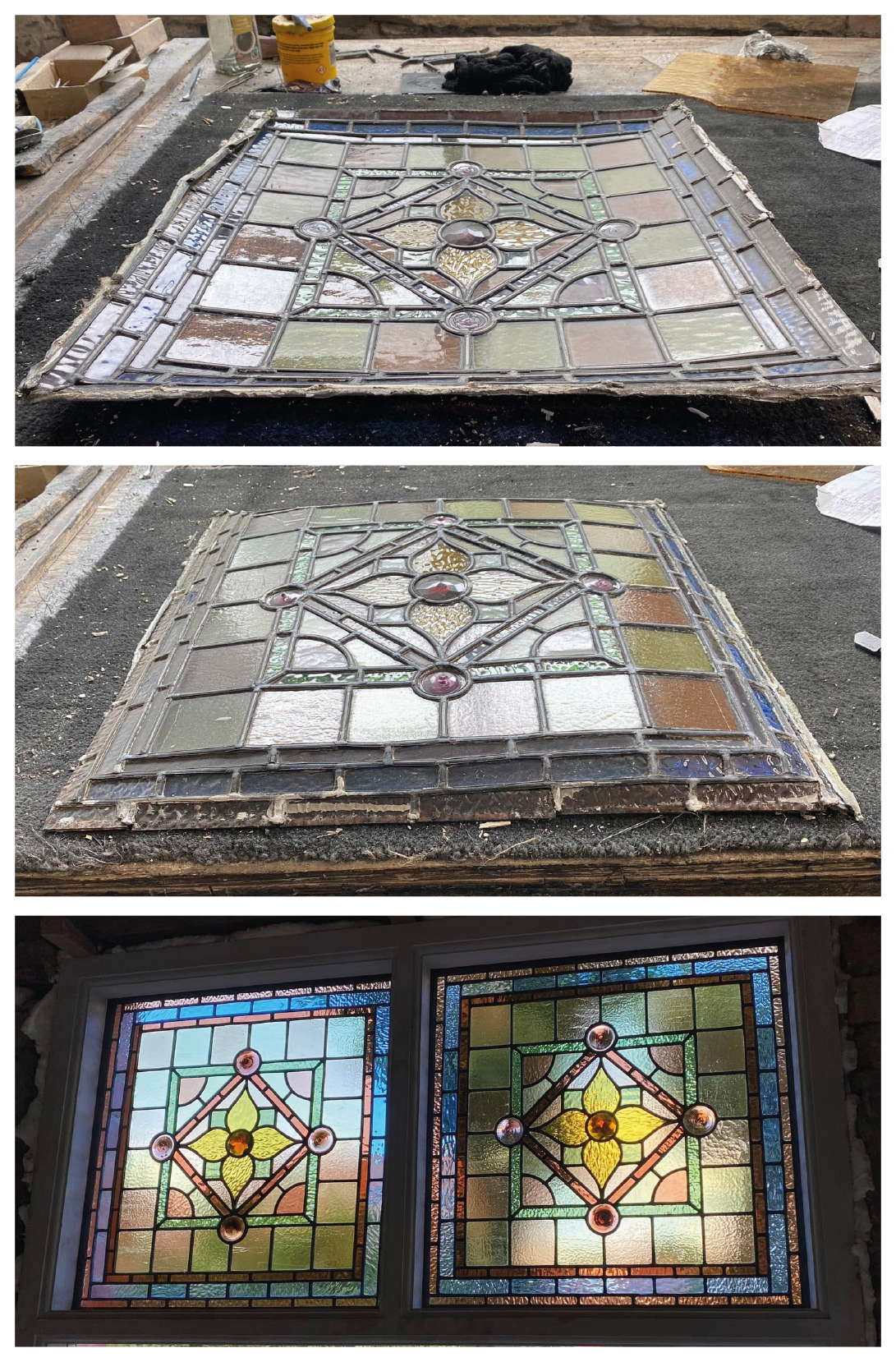 Stained glass window restoration, from dismantling, re-leading to fully installed leaded light windows.