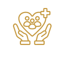 Graphic of hands holding a heart-shaped floral arrangement with a cross on top
