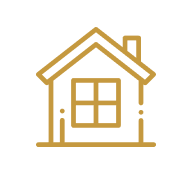 Outline of a house with a pitched roof, chimney, and front window in gold color.