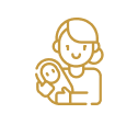 Line drawing of a woman with glasses sitting with a dog