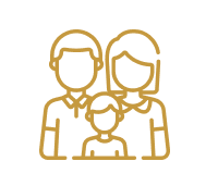 Line drawing of a family with two adults and a child.