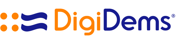 DigiDems logo with orange dots, blue lines, and text.