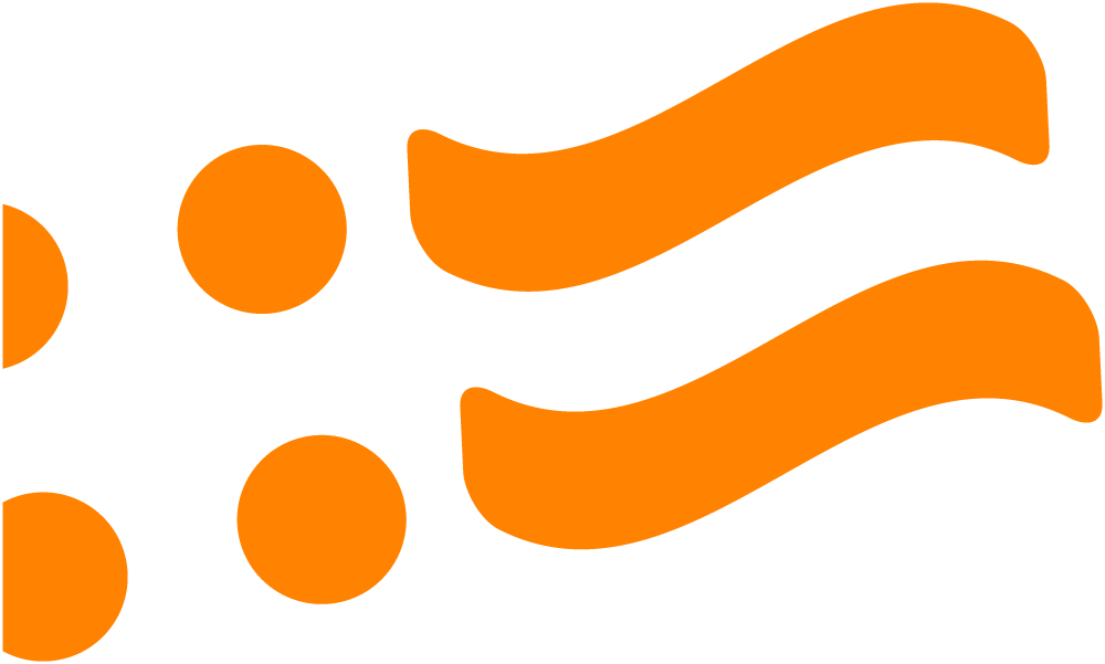 Graphic logo with three orange circles and two orange wavy lines on a black background.