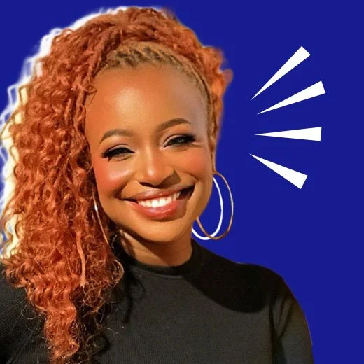 Smiling woman with curly, reddish hair in a ponytail, wearing hoop earrings and a black top, against a blue background with white graphic lines.