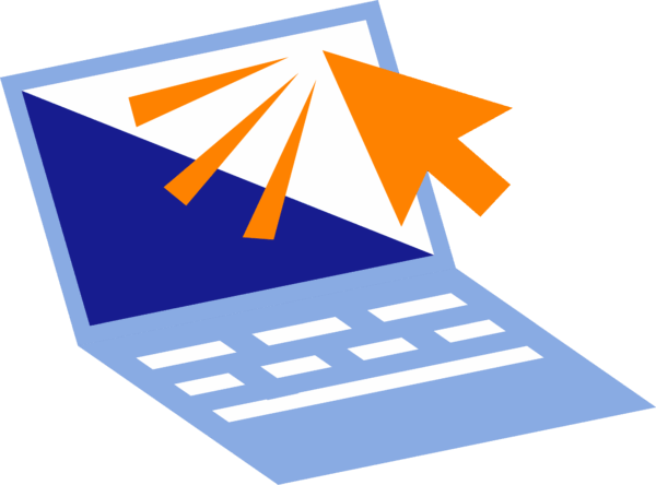 An illustration of a laptop with an arrow cursor clicking on a website or screen.