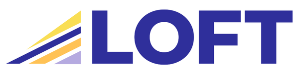 LOGO with stylized ascending yellow, purple, and orange lines and the word 'LOFT' in bold blue letters.