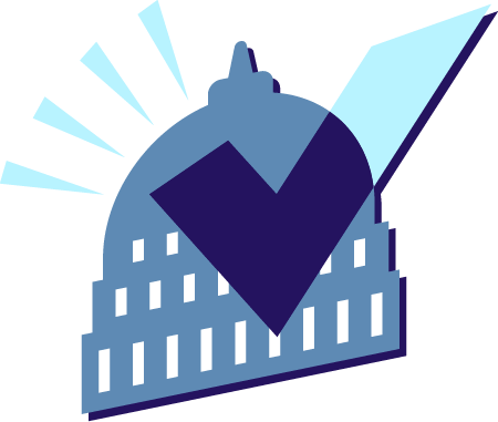 Illustration of a large building with a clock and a checkmark overlay, symbolizing approval or verification.