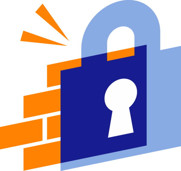 Illustration of a padlock, a brick wall, and abstract shapes symbolizing security and data protection.