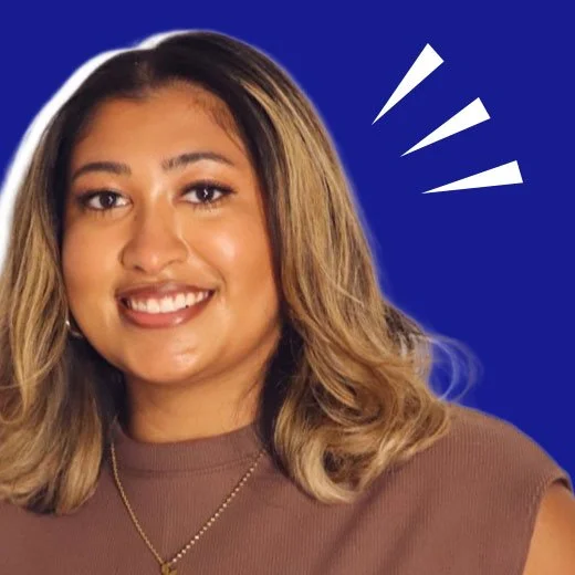 A woman with shoulder-length light brown hair smiling against a dark blue background with white graphic lines.