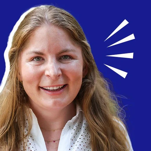A woman smiling with long blonde hair against a blue background with white graphic lines.