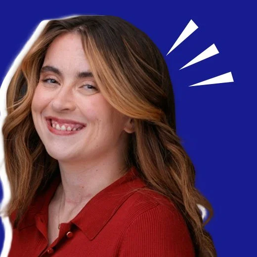 Woman with long brown hair smiling, wearing a red shirt, with white and blue background and graphic lines near her head.
