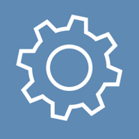 Icon of a gear or cogwheel on a blue background.