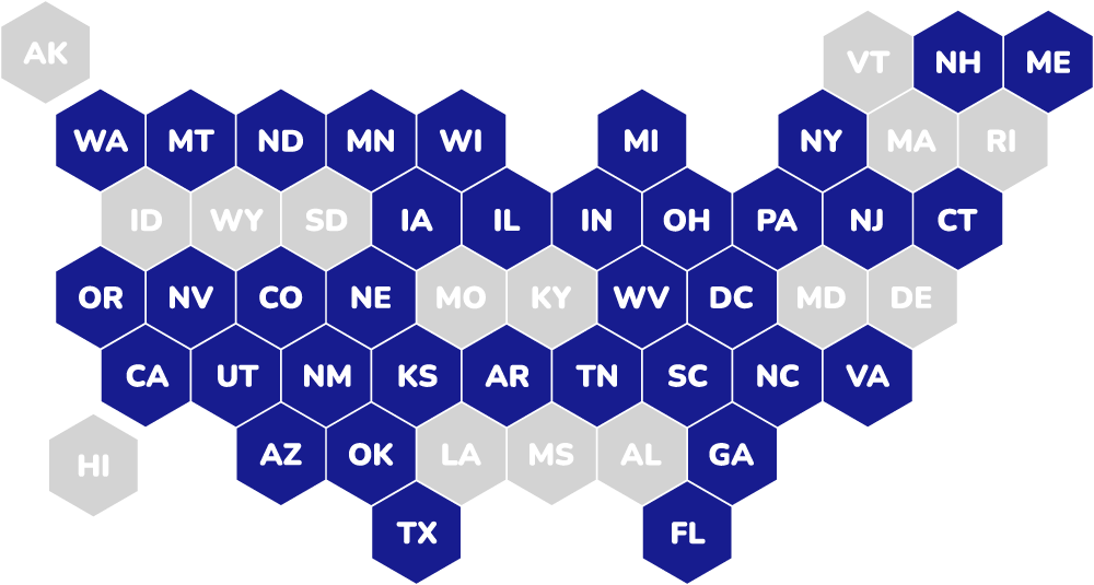 Hexagon map of the United States with states colored in two shades of blue and gray, arranged to form the shape of a heart.