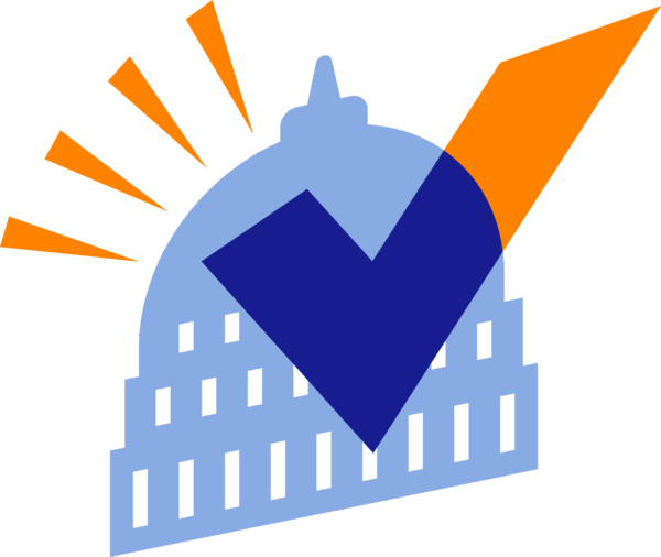 An illustration of the United States Capitol building with a large checkmark and orange lines indicating approval or success.