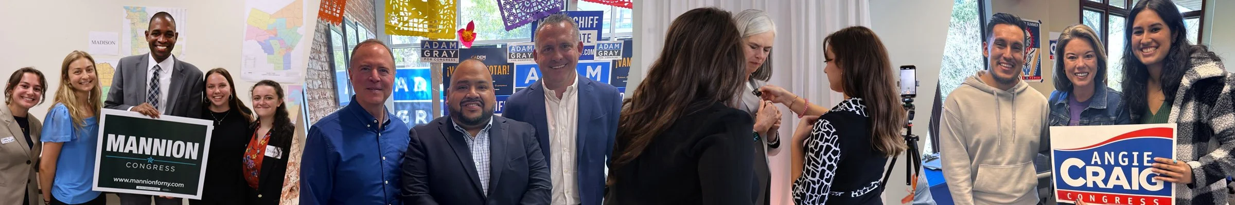 Three groups of people at political campaign events. The first group includes women holding a 'Mannion for Congress' sign, the second group features men and women with campaign signs for Adam Gray, and the third group shows a man and woman holding a sign for Angie Craig. There are campaign posters, maps, and decorations in the background.