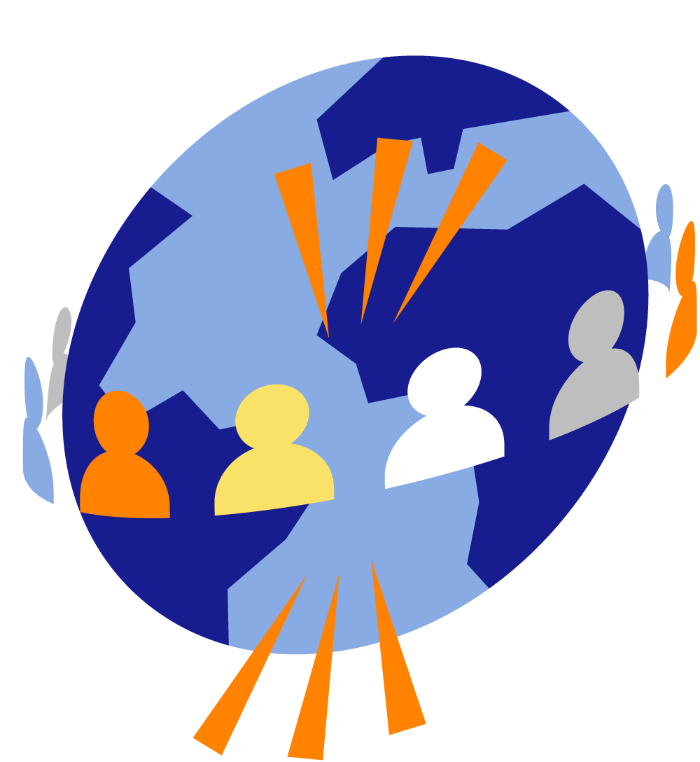 A stylized globe with people silhouettes and orange lines indicating dynamic interaction or communication.
