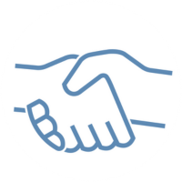 Outline of two hands shaking, with a small bottle or container nearby