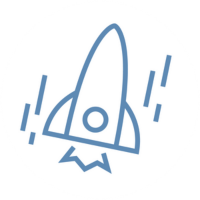 Simple line drawing of a rocket taking off with exhaust and motion lines.