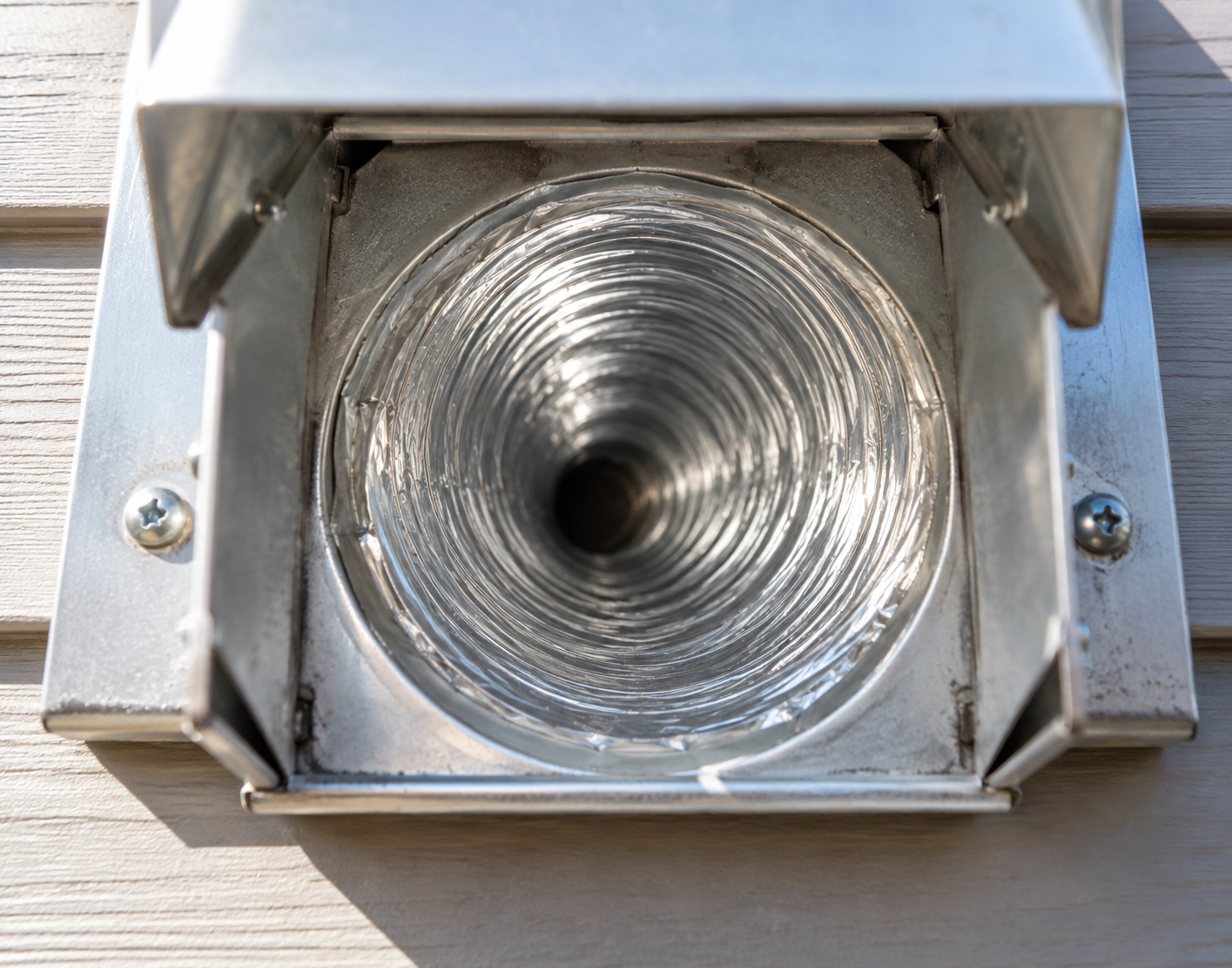 Close-up of a metal outdoor floodlight fixture with a reflective interior, mounted on a wall with light-colored wooden siding.