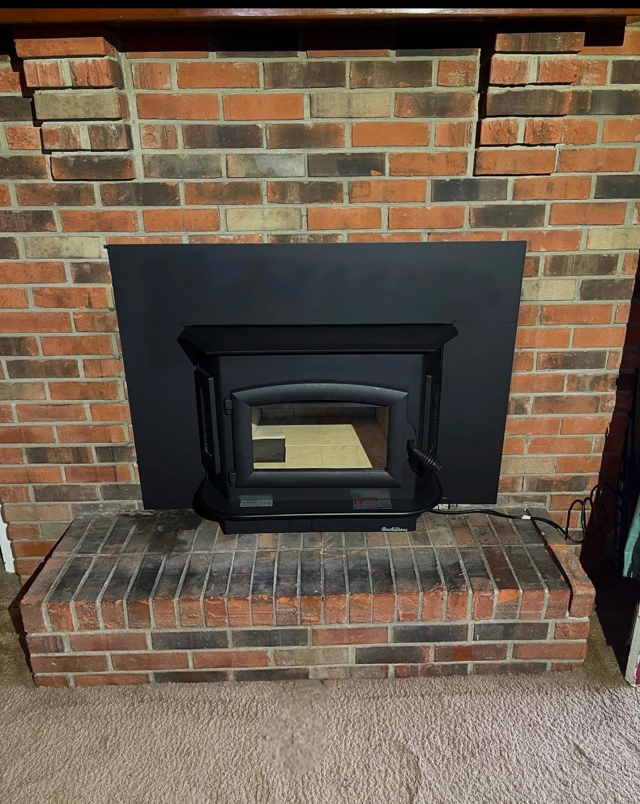Fireplace with a black insert in front of a brick wall, placed on a brick hearth on beige carpet.