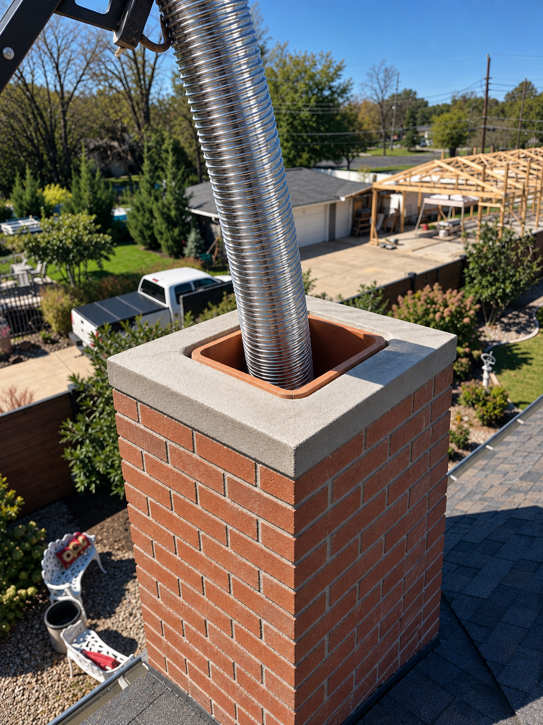 Close-up of a brick chimney with a metal duct pipe extending from the top, on a rooftop in a suburban backyard.